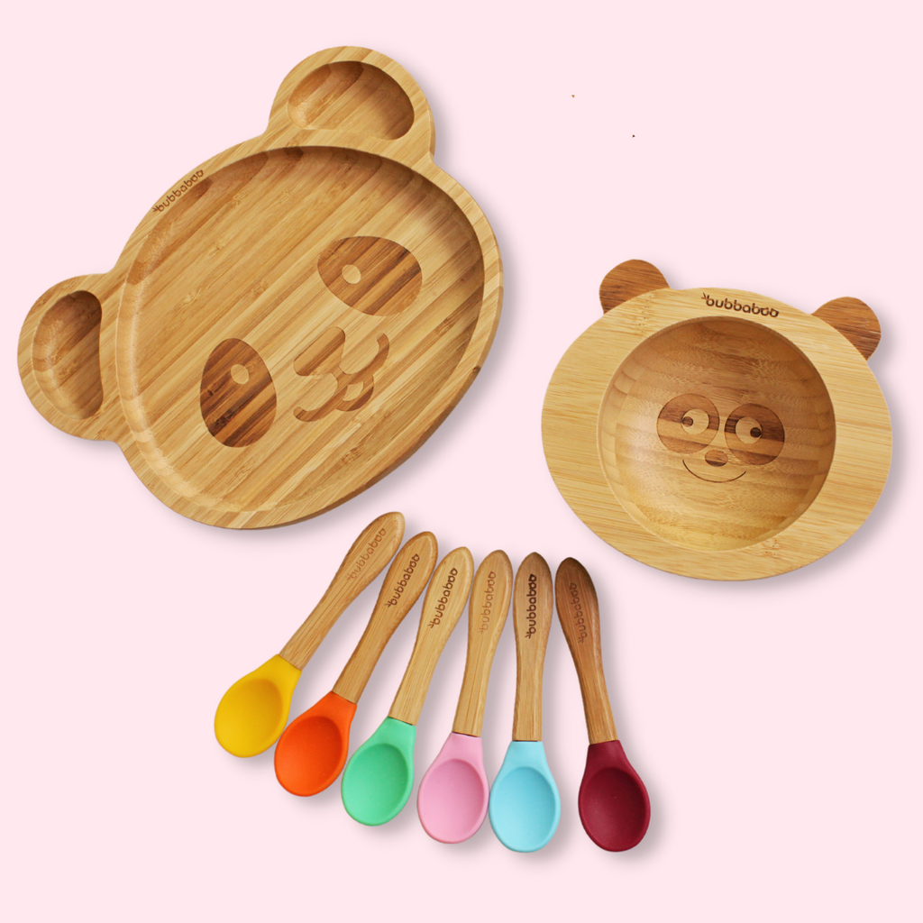 Baby Bamboo Suction Plates Set with Spoons & Fork, Baby Food Dishes Feeding Set for LED Weaning Plate, Baby Utensils Set, BPA Free (Green Bunny)